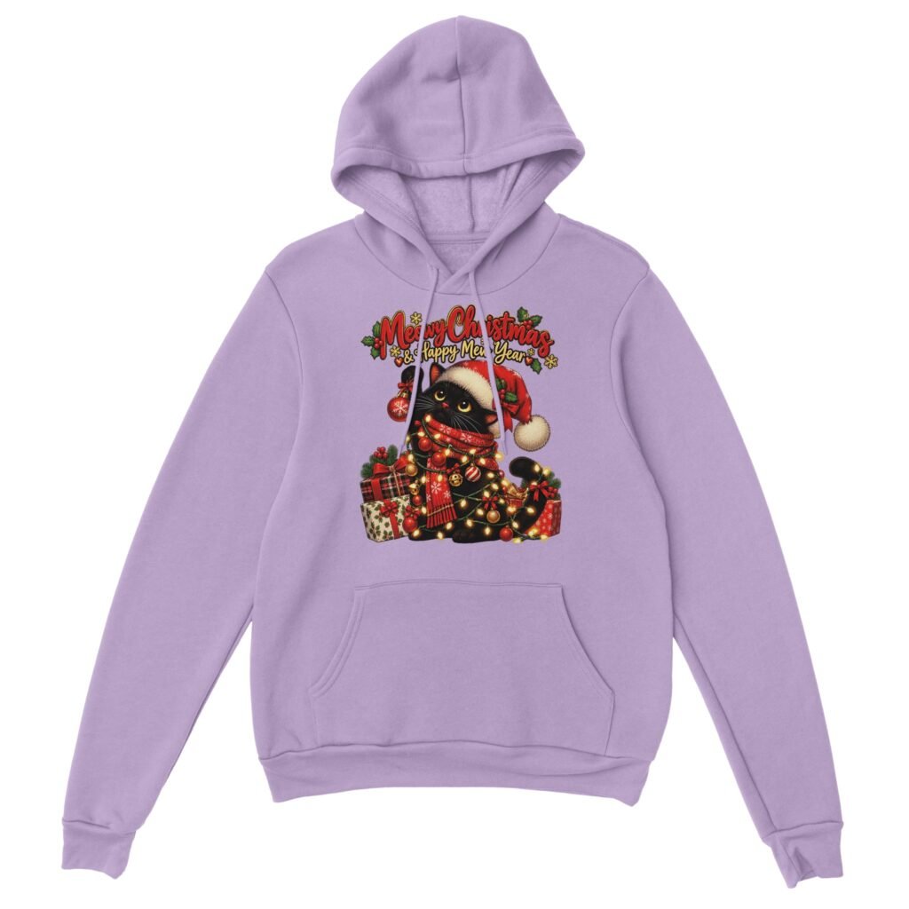 Christmas cat hoodie with a black cat in a Santa hat and red scarf wrapped in string lights, surrounded by gifts and the text Meowy Christmas & Happy Mew Year
