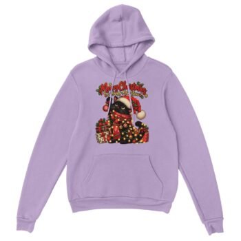 Christmas cat hoodie with a black cat in a Santa hat and red scarf wrapped in string lights, surrounded by gifts and the text Meowy Christmas & Happy Mew Year