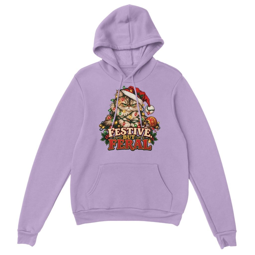 Festive but feral hoodie in lavender showing a grumpy long-haired cat in a Santa hat tangled in Christmas lights, with a cracked ornament and Festive, But Feral lettering