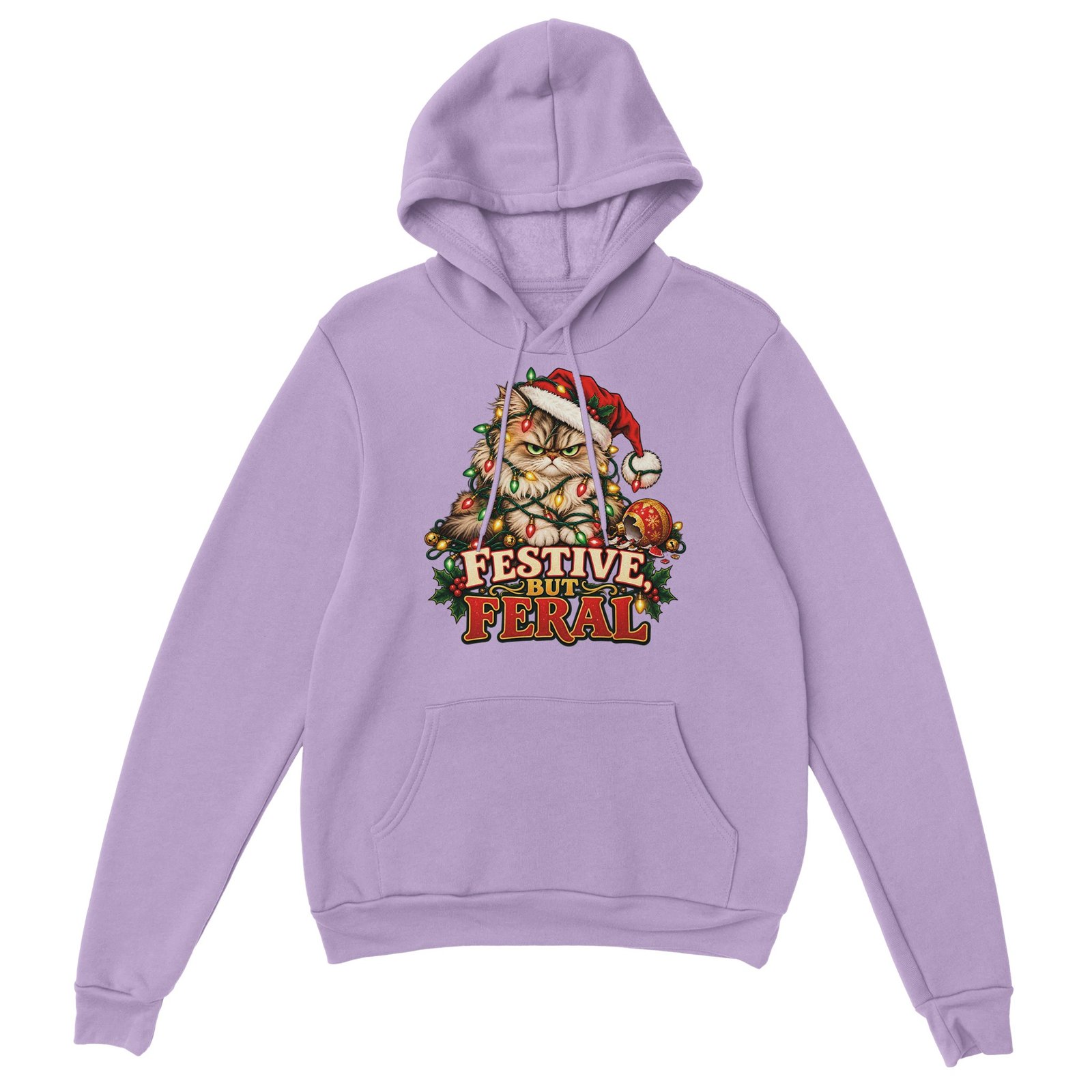Festive But Feral Hoodie - Grumpy Cat Christmas Lights Unisex Pullover 1 Festive but feral hoodie in lavender showing a grumpy long-haired cat in a Santa hat tangled in Christmas lights, with a cracked ornament and Festive, But Feral lettering