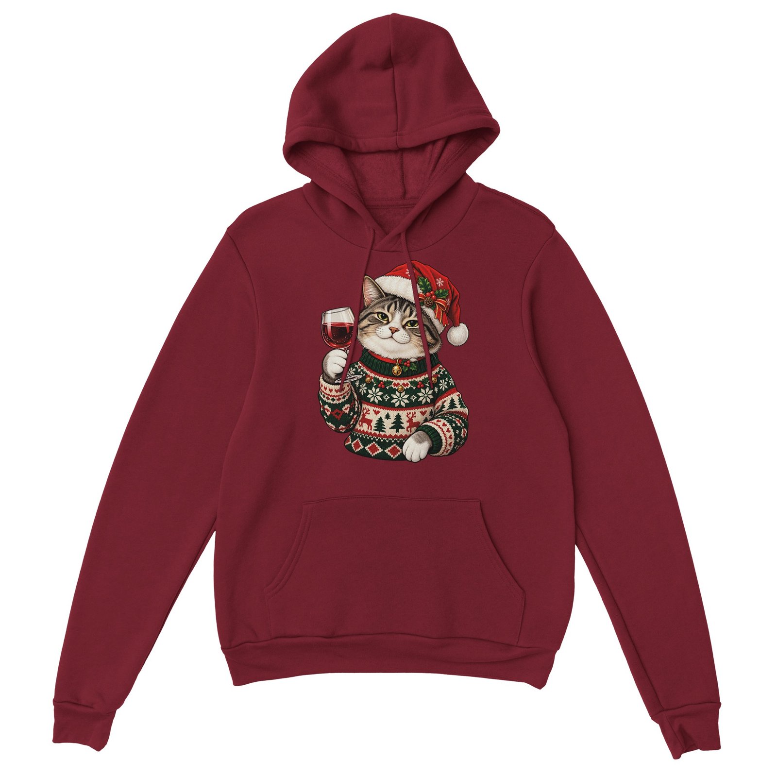 Christmas Cat Hoodie - Tabby in Santa Hat with Red Wine Unisex Pullover Hoodie 6 4f44b6d8-03d8-4d8c-bc76-021af0d1a1ed