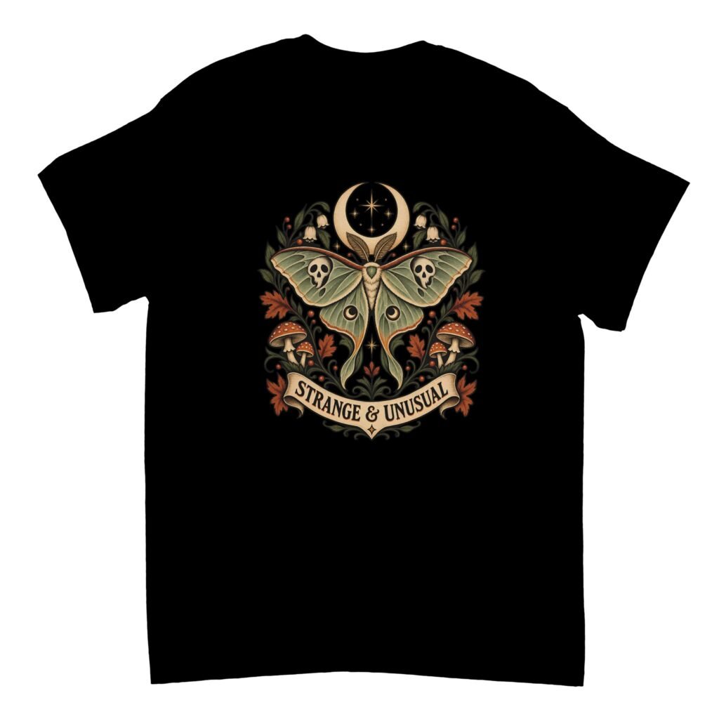 Black Strange and Unusual T-Shirt featuring a vintage gothic green moth with skull wing markings, crescent moon, stars, mushrooms, autumn leaves and decorative lettering.