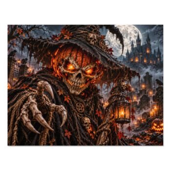 Halloween pumpkin puzzle artwork of a pumpkin-headed skull scarecrow with glowing eyes, a lantern, a candlelit graveyard and a haunted castle under a full moon