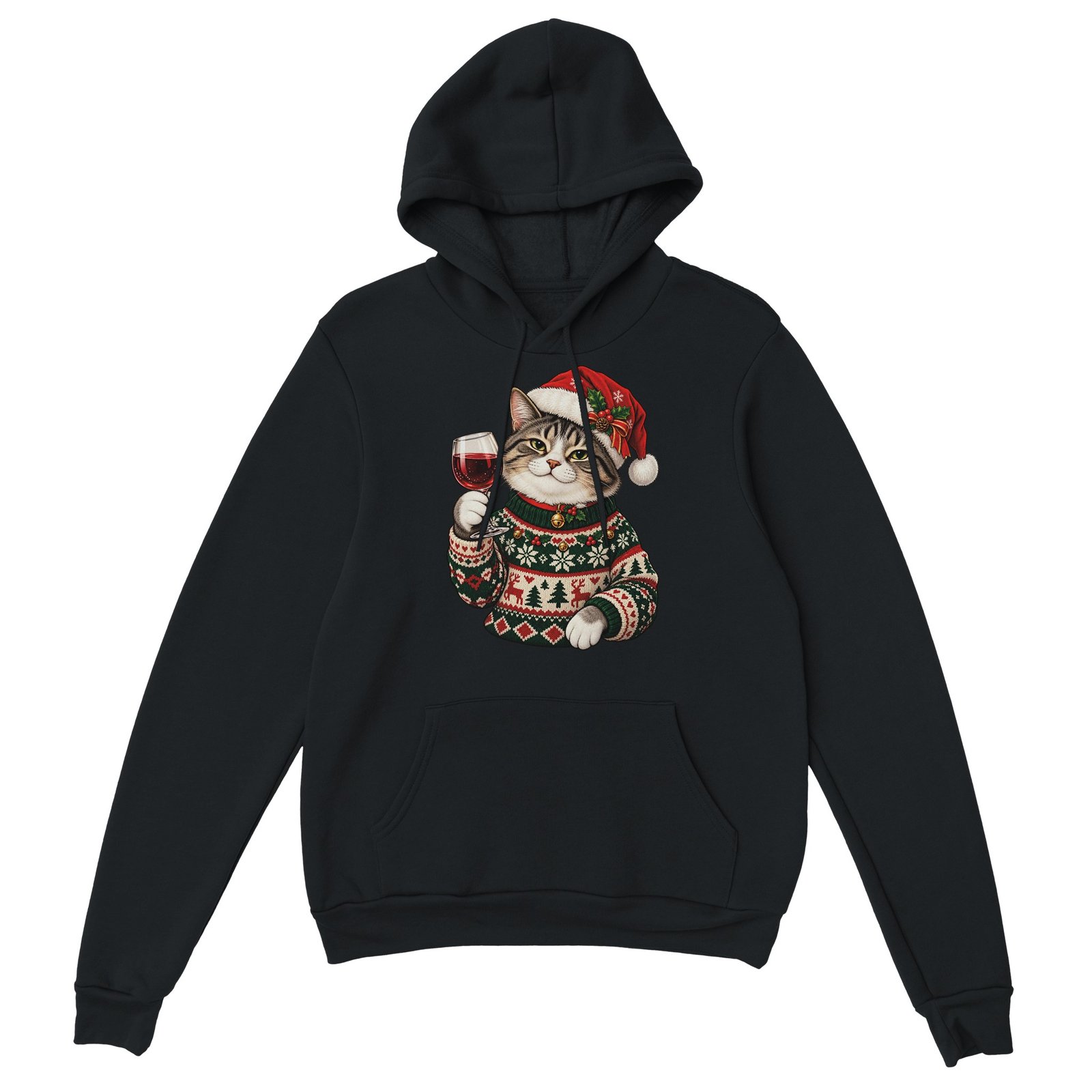 Christmas Cat Hoodie - Tabby in Santa Hat with Red Wine Unisex Pullover Hoodie 3 5fc64aa1-b64a-45a4-9bcc-0b73c54ed31e