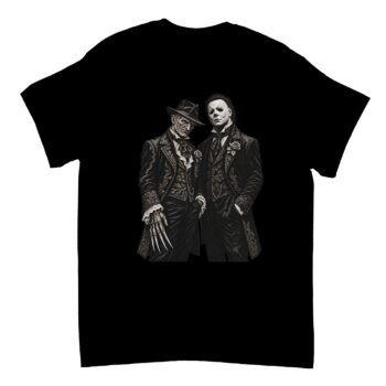 Black Freddy Krueger Michael Myers Shirt featuring both horror villains in ornate gothic Victorian-style suits, with Freddy's bladed glove and Michael's white mask.