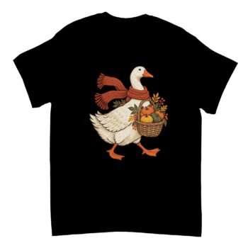 Black Autumn Goose Pumpkin Shirt featuring a white goose wearing an orange knitted scarf and carrying a wicker basket of pumpkins, berries, and fall leaves.