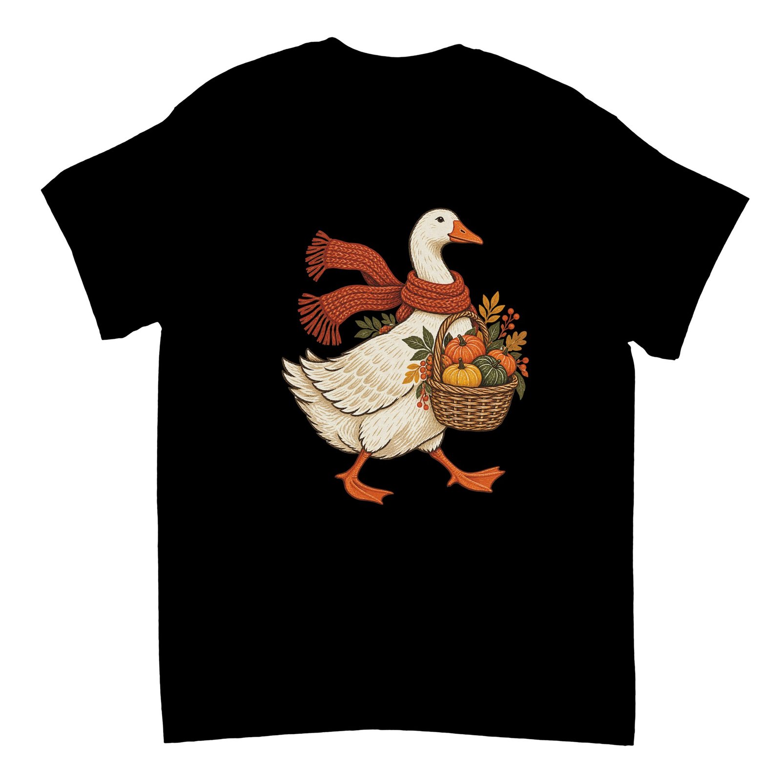 Autumn Goose Pumpkin Shirt – Cute Fall Harvest Goose with Scarf Graphic T-Shirt 1 Black Autumn Goose Pumpkin Shirt featuring a white goose wearing an orange knitted scarf and carrying a wicker basket of pumpkins, berries, and fall leaves.