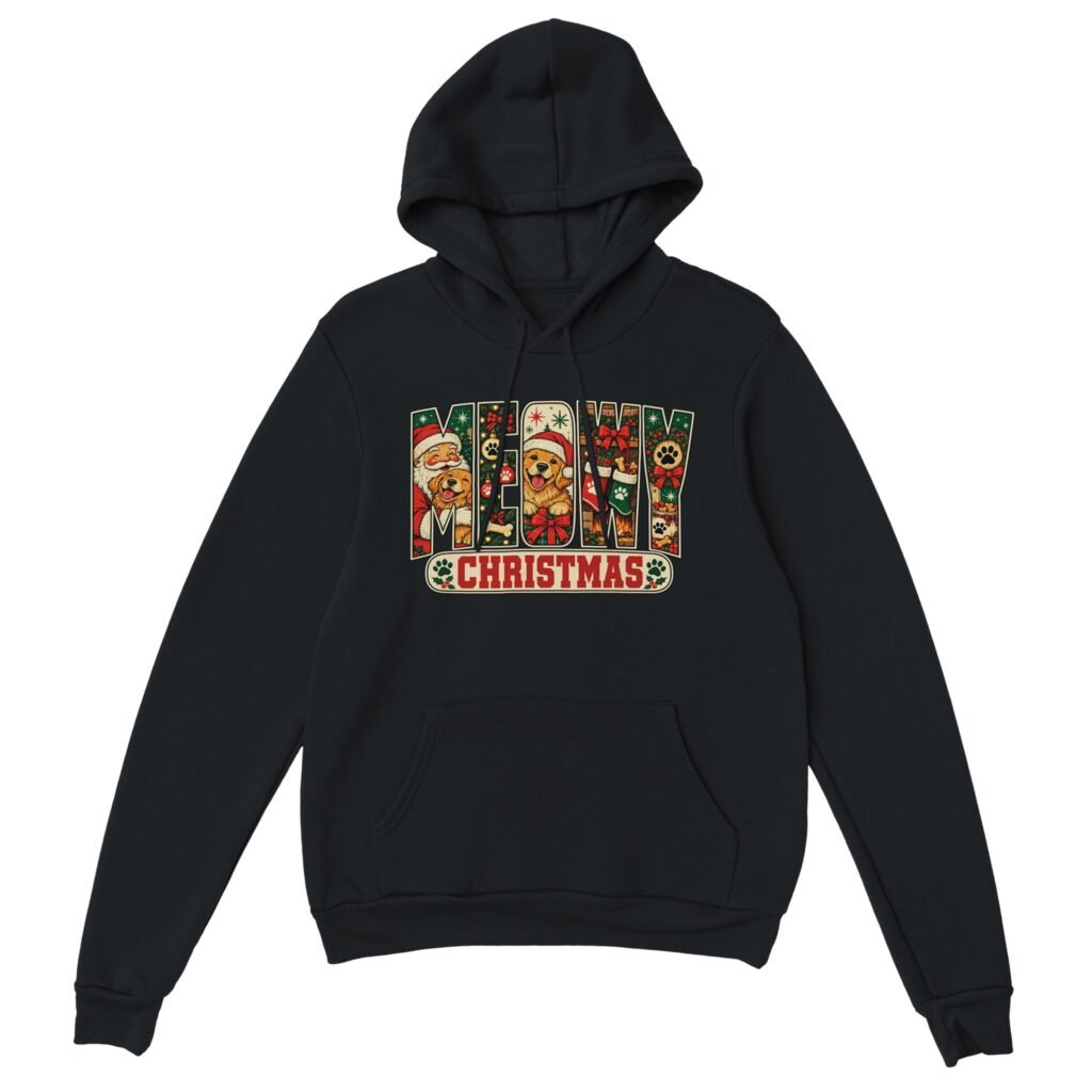Black Meowy Christmas hoodie with festive MEOWY CHRISTMAS lettering, Santa, golden retrievers, stockings and paw prints