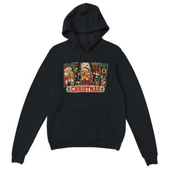 Black Meowy Christmas hoodie with festive MEOWY CHRISTMAS lettering, Santa, golden retrievers, stockings and paw prints