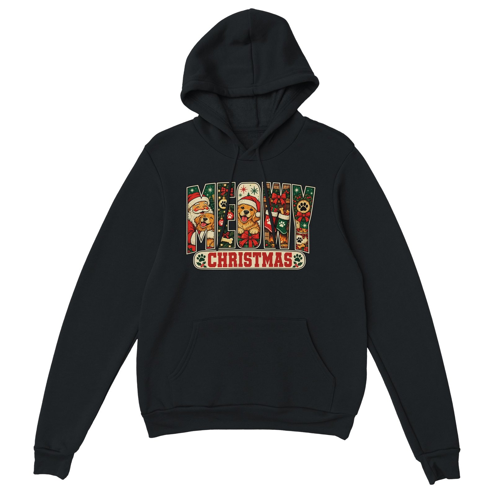 Meowy Christmas Hoodie - Santa and Golden Retriever Classic Unisex Pullover Hoodie 1 Black Meowy Christmas hoodie with festive MEOWY CHRISTMAS lettering, Santa, golden retrievers, stockings and paw prints
