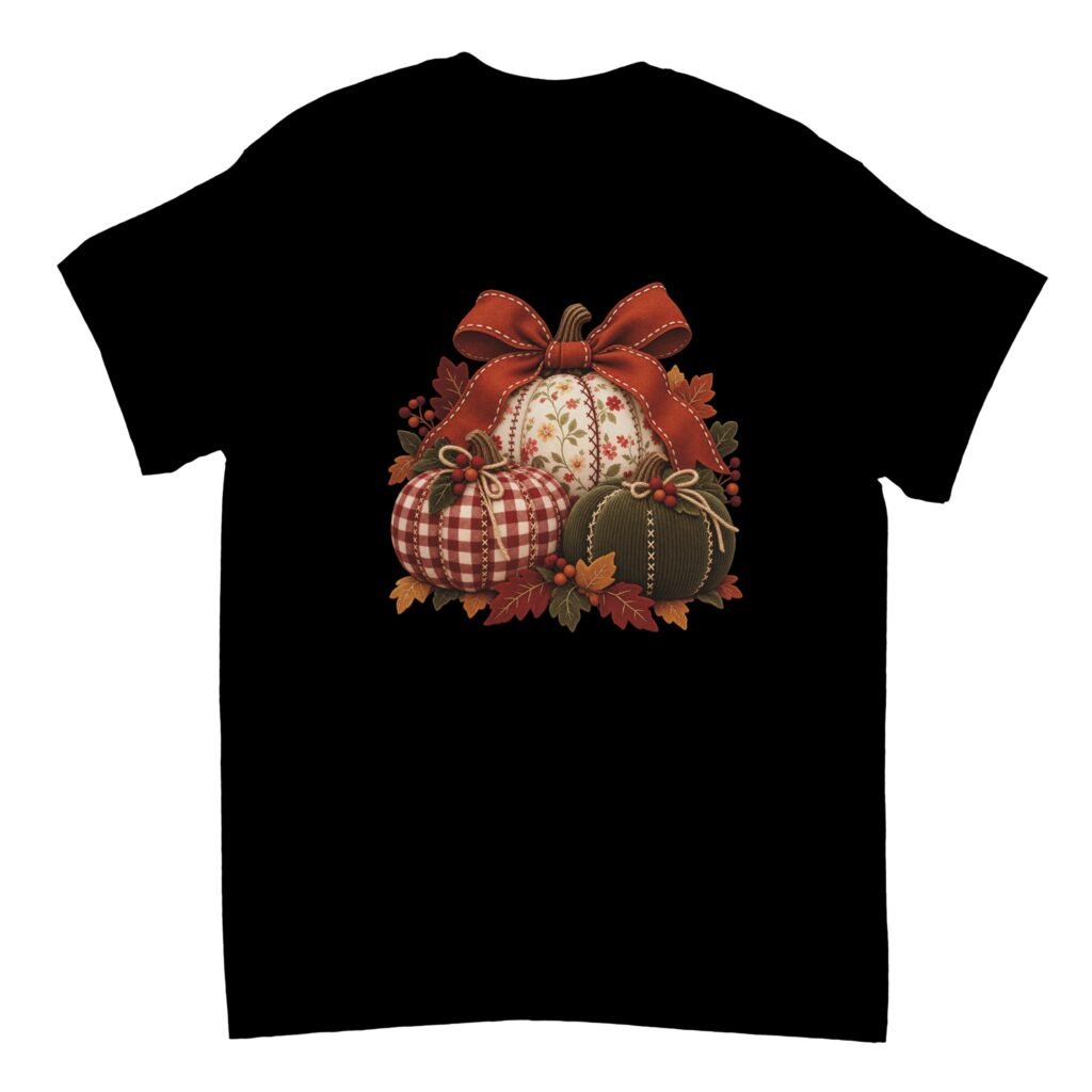 Black Patchwork Pumpkin Shirt featuring three floral, red gingham, and olive-green fabric-style pumpkins with a rust-orange bow, autumn leaves, and berries.