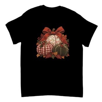 Black Patchwork Pumpkin Shirt featuring three floral, red gingham, and olive-green fabric-style pumpkins with a rust-orange bow, autumn leaves, and berries.