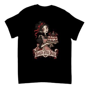Black Baked After Dark Shirt featuring a red-eyed gothic vampire girl with a red hair ribbon holding a cherry-topped cake with bat decoration and vintage lettering.