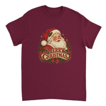 Merry Christmas Santa Shirt in maroon with a smiling vintage Santa in a red hat with holly, a cream Merry Christmas banner, red ribbon, bow and gold stars