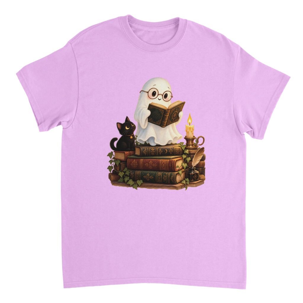 Lavender-toned Reading Ghost Book Lover Shirt featuring a ghost in round glasses reading on antique books beside a black kitten, candle, ivy, and quill.