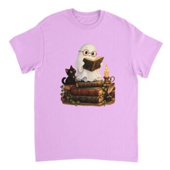 Lavender-toned Reading Ghost Book Lover Shirt featuring a ghost in round glasses reading on antique books beside a black kitten, candle, ivy, and quill.