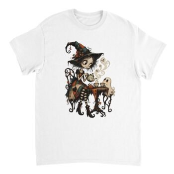 White Halloween Ghost Tea Party Shirt featuring a big-eyed witch in a patchwork hat pouring tea for a smiling ghost, with three floating ghosts and a pumpkin.