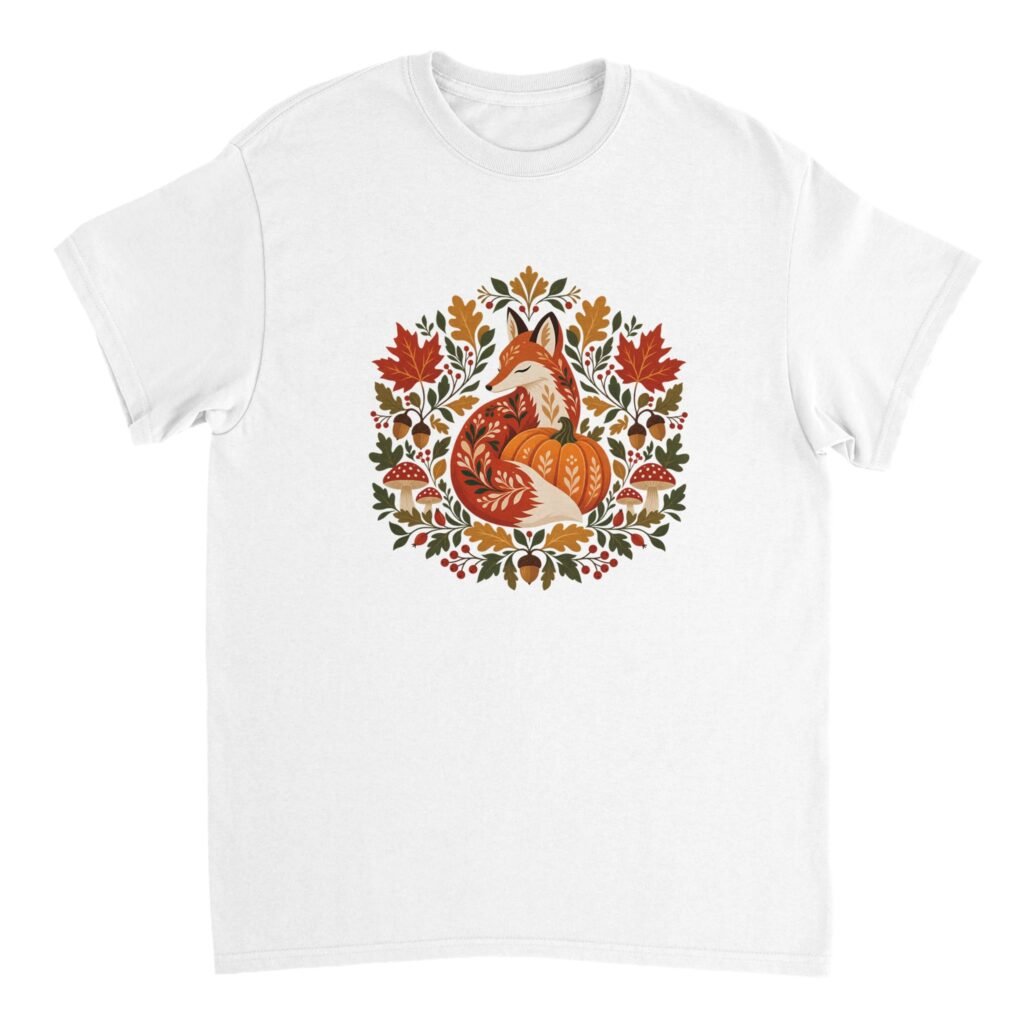 White Autumn Fox Pumpkin Shirt featuring a curled orange fox beside a pumpkin, surrounded by red and gold fall leaves, acorns, berries, and spotted mushrooms.