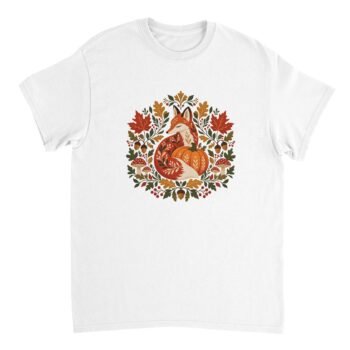 White Autumn Fox Pumpkin Shirt featuring a curled orange fox beside a pumpkin, surrounded by red and gold fall leaves, acorns, berries, and spotted mushrooms.