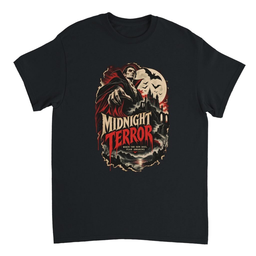 Vampire shirt in black with a vintage horror print of a cloaked vampire reaching out in front of a full moon, bats and a gothic castle under the title Midnight Terror