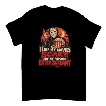 Black Jason Voorhees Funny Shirt featuring hockey-masked slasher holding a bloody knife and popcorn, orange moon, bats, and extra screamy horror movie quote