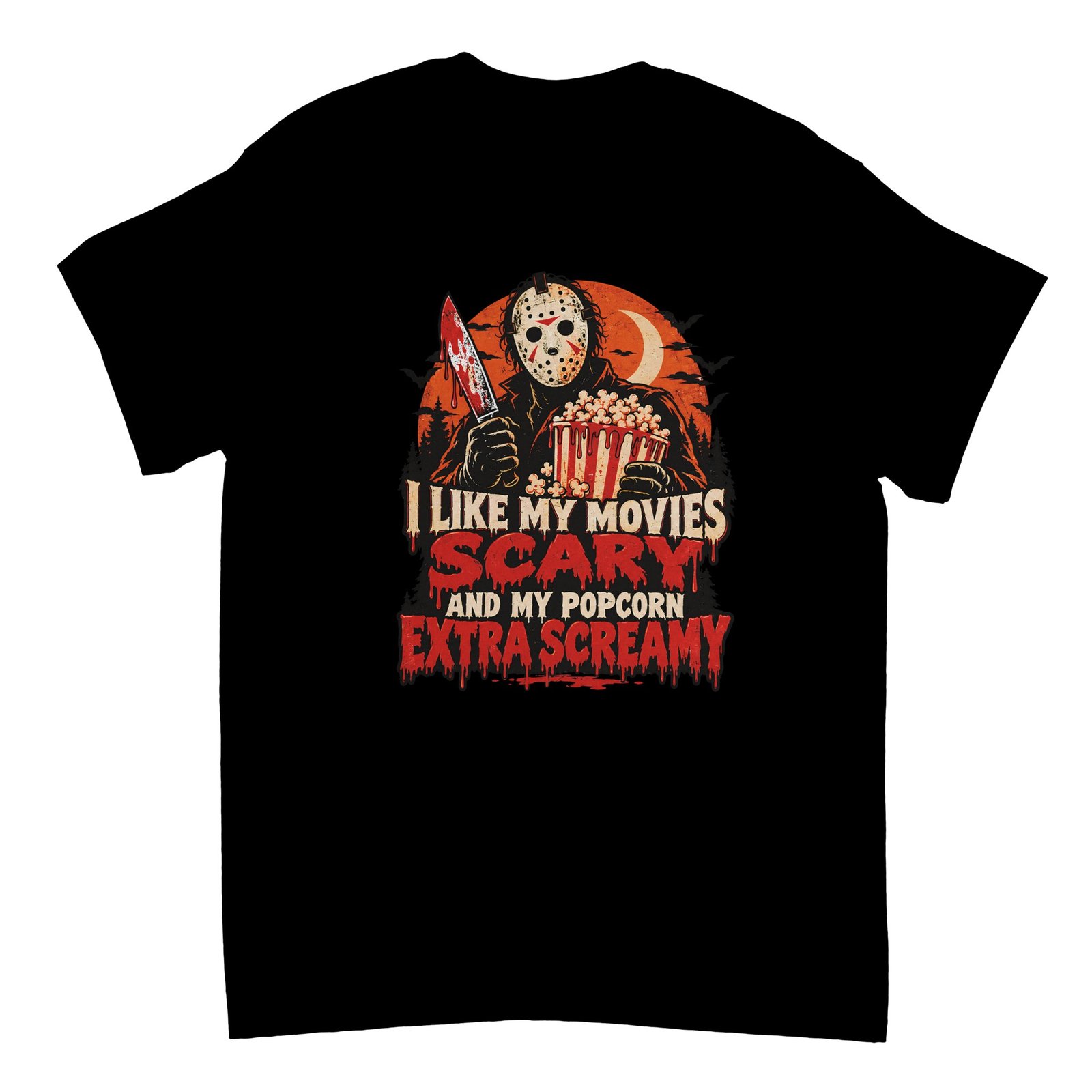Jason Voorhees Funny Horror Movie T-Shirt – Extra Screamy Popcorn Halloween Shirt 1 Black Jason Voorhees Funny Shirt featuring hockey-masked slasher holding a bloody knife and popcorn, orange moon, bats, and extra screamy horror movie quote