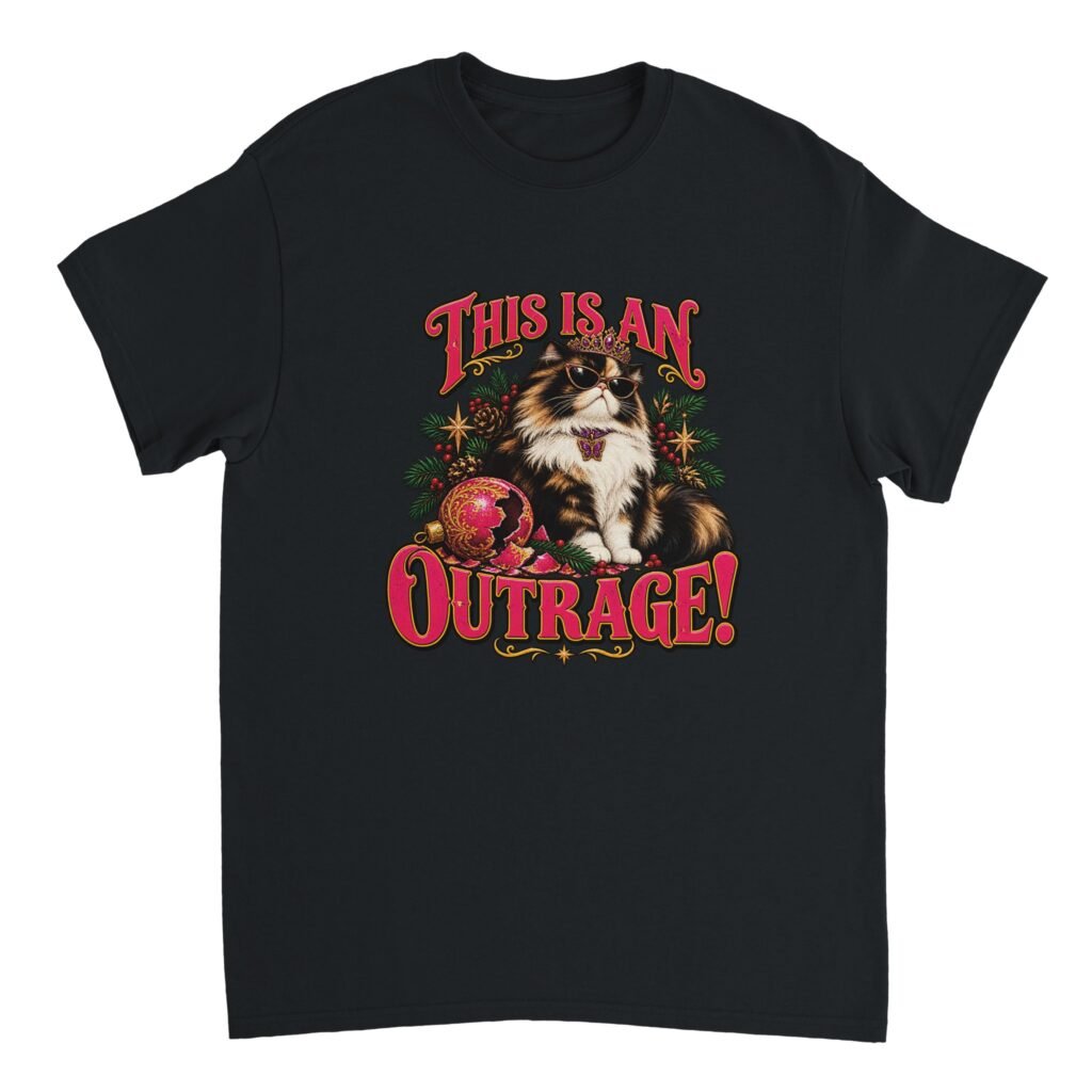 Dungeon Crawler Carl DCC Shirt in black with a calico cat in a gold tiara and sunglasses beside a broken pink ornament and the text This Is An Outrage!
