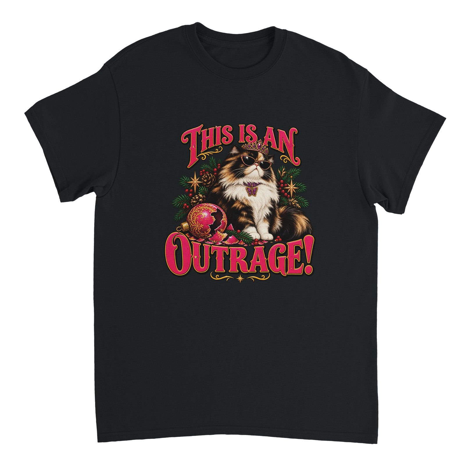 Dungeon Crawler Carl DCC Shirt - This Is An Outrage! Tiara Cat Heavyweight Unisex Tee 1 Dungeon Crawler Carl DCC Shirt in black with a calico cat in a gold tiara and sunglasses beside a broken pink ornament and the text This Is An Outrage!