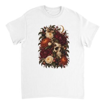 White Gothic Floral Skull Shirt featuring an antique-style skull surrounded by burgundy and orange flowers, cream roses, berries, a crescent moon, and gold stars.