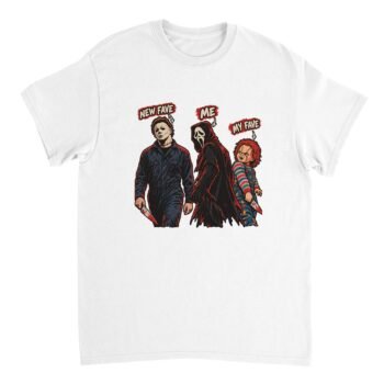 White Michael Myers Ghostface Chucky Shirt featuring three horror characters with knives, red comic-style outlines, and New Fave, Me, and My Fave arrow labels.