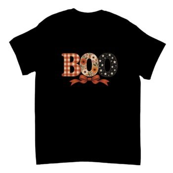 Black Fall Boo Halloween Shirt with large BOO letters in orange gingham, autumn florals and cream stars, finished with a printed orange ribbon bow.