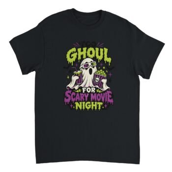 Black Funny Ghost Halloween T-Shirt featuring a white ghost wearing purple and green 3D glasses, holding popcorn and soda, with bats and Boo Ghoul for Scary Movie Night lettering