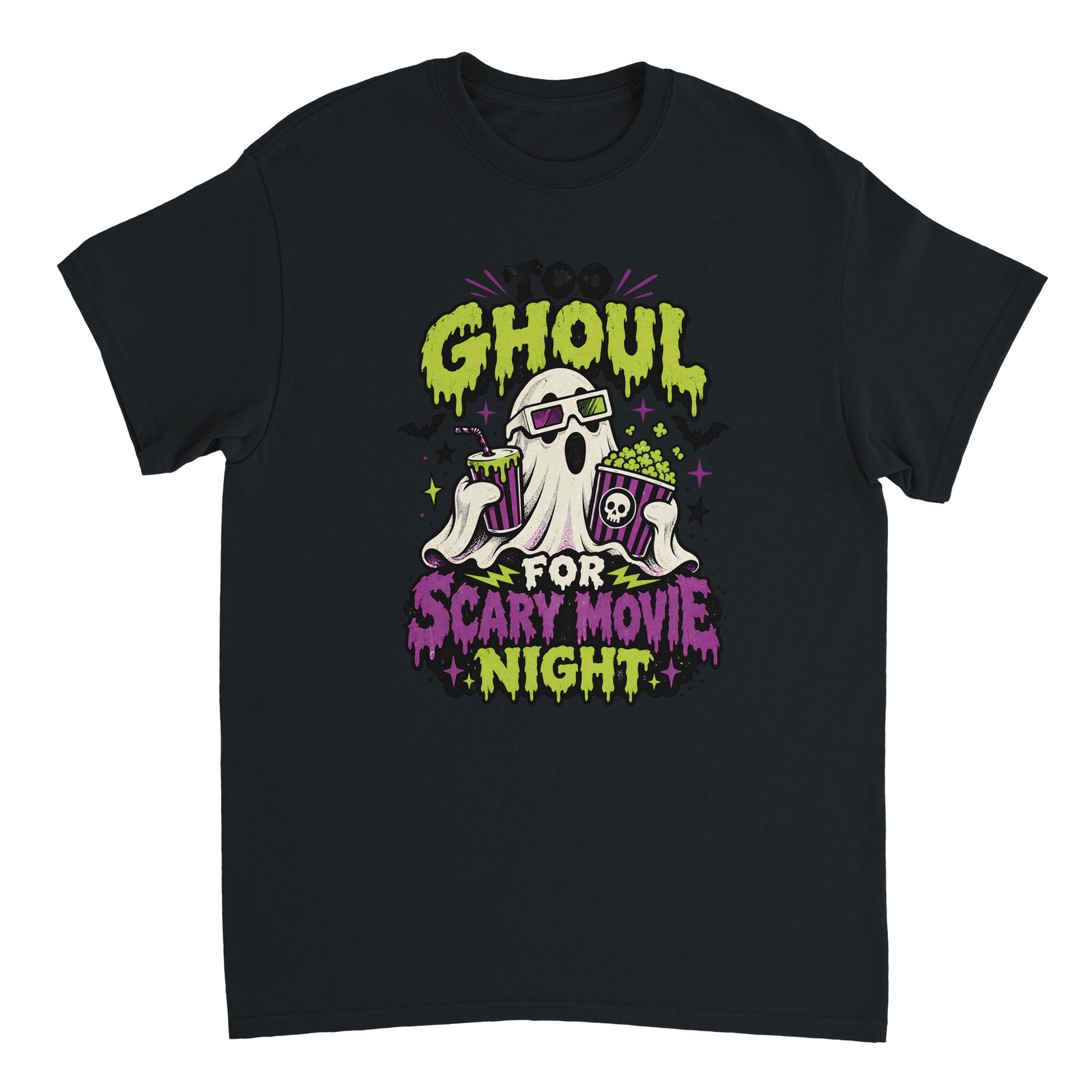 Funny Ghost Halloween T-Shirt – Boo Ghoul Scary Movie Night Graphic Tee 1 Black Funny Ghost Halloween T-Shirt featuring a white ghost wearing purple and green 3D glasses, holding popcorn and soda, with bats and Boo Ghoul for Scary Movie Night lettering