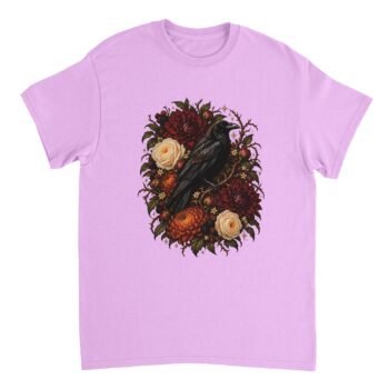Light pink-lilac Gothic Raven Floral Shirt featuring a black raven surrounded by burgundy flowers, cream roses, orange blossoms, thorny branches, and berries.