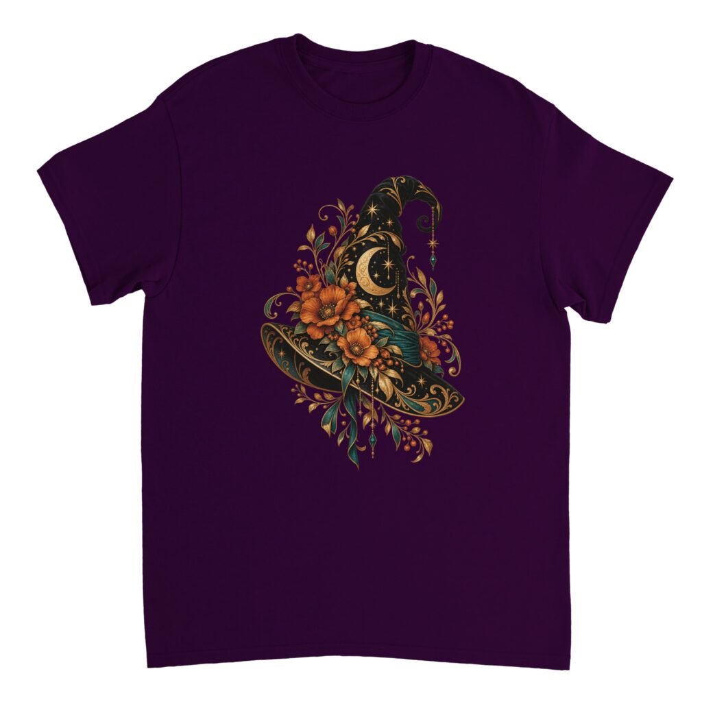 Floral Witch Hat T-Shirt in deep purple-maroon featuring a dark pointed witch hat with gold crescent moon, stars, orange flowers, leafy vines and teal ribbons