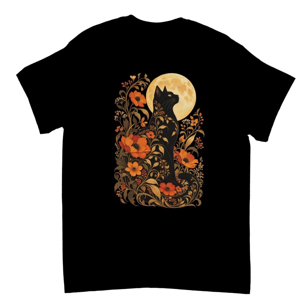Black Cat Full Moon Shirt on a black T-shirt featuring a black cat looking up at a golden full moon, surrounded by orange flowers and curling golden foliage.