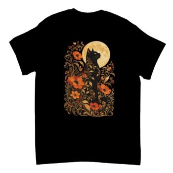 Black Cat Full Moon Shirt on a black T-shirt featuring a black cat looking up at a golden full moon, surrounded by orange flowers and curling golden foliage.