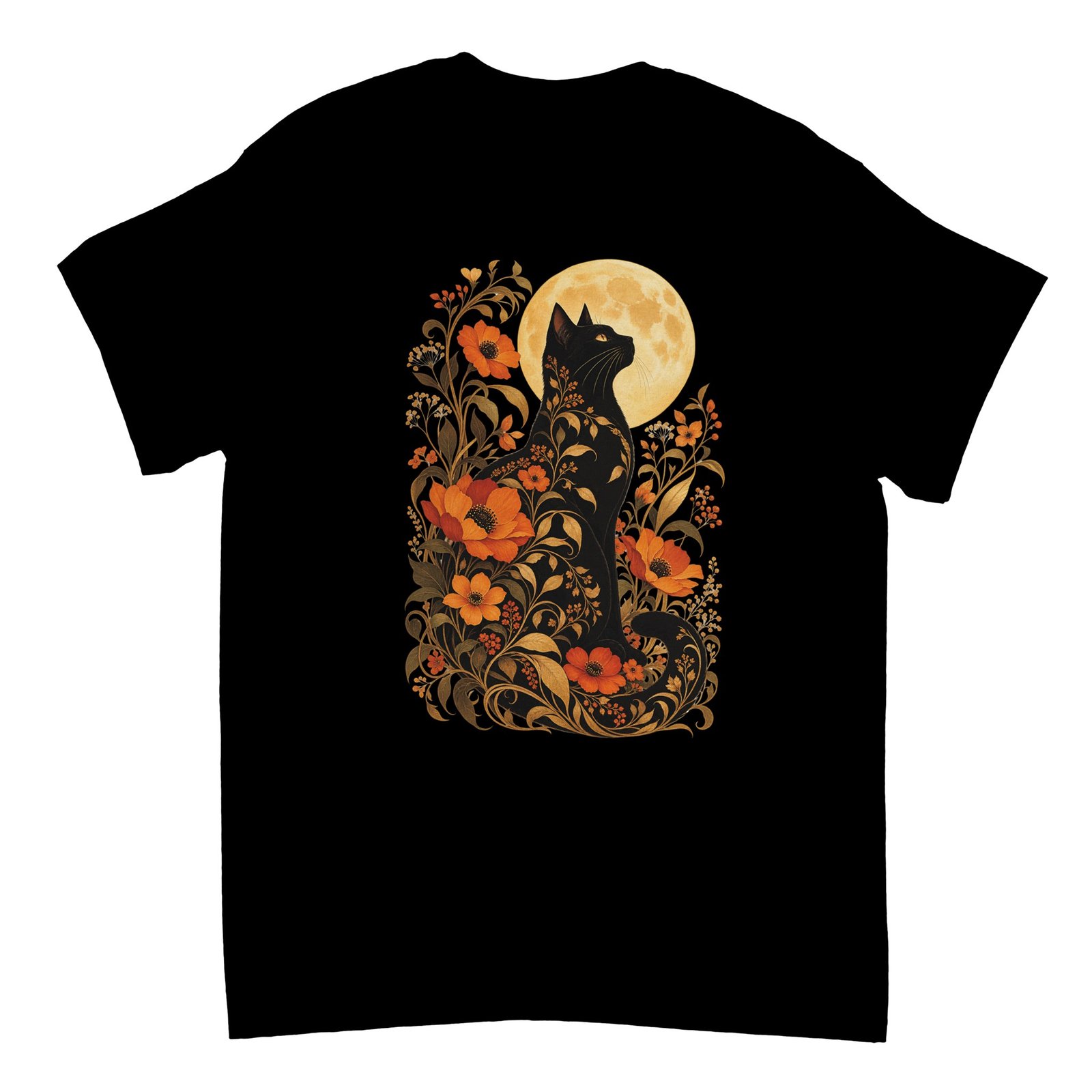 Black Cat Full Moon Shirt – Gothic Floral Cat & Autumn Moon Halloween T-Shirt 1 Black Cat Full Moon Shirt on a black T-shirt featuring a black cat looking up at a golden full moon, surrounded by orange flowers and curling golden foliage.