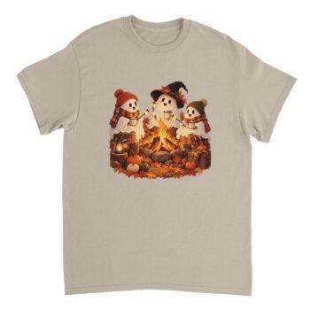Sand-colored Ghost Campfire Halloween Shirt featuring three cute ghosts in autumn hats and scarves roasting marshmallows around a campfire with pumpkins and fall leaves.