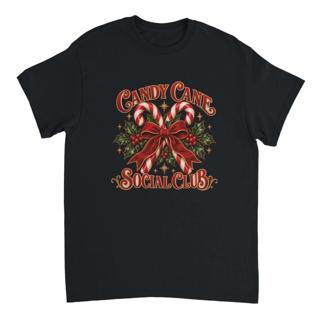 Candy Cane Social Club Shirt in black with two crossed red and white candy canes, a red bow, holly leaves with berries and gold stars, with the text Candy Cane Social Club