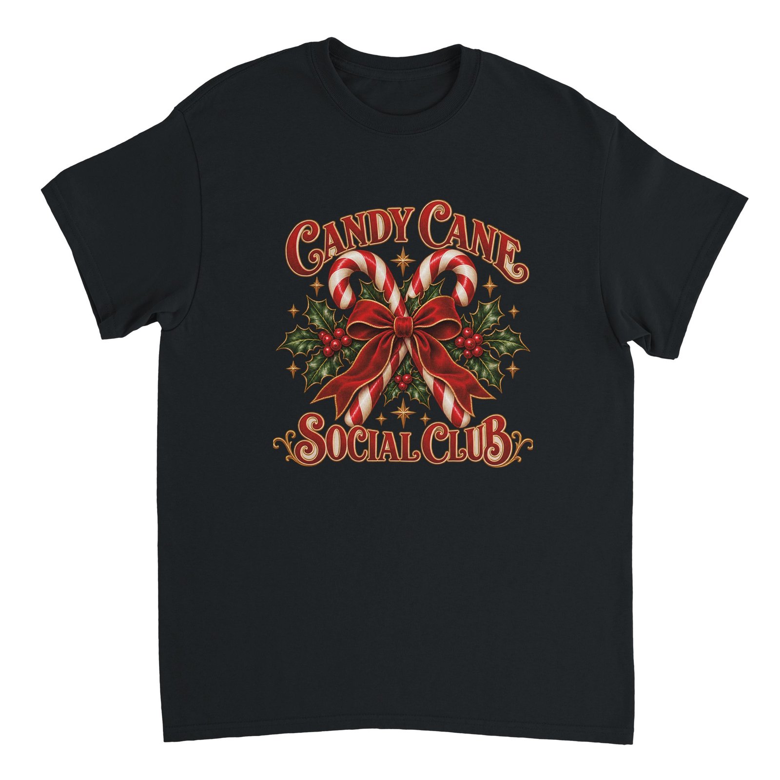 Candy Cane Social Club Shirt - Vintage Christmas Heavyweight Unisex Tee 1 Candy Cane Social Club Shirt in black with two crossed red and white candy canes, a red bow, holly leaves with berries and gold stars, with the text Candy Cane Social Club
