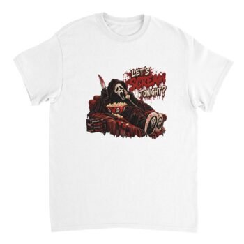 Ghostface Halloween shirt design showing a masked figure on a red couch with a bloody knife, corded phone and popcorn bowl beside the text Let's Scream Tonight?