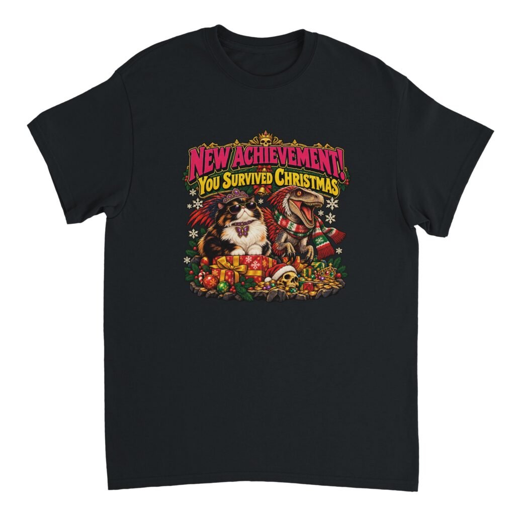 Princess Donut DCC Shirt in black with a calico cat in a tiara and sunglasses, a feathered raptor in a Christmas scarf, gifts, gold and the text New Achievement! You Survived Christmas