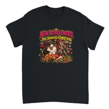 Princess Donut DCC Shirt in black with a calico cat in a tiara and sunglasses, a feathered raptor in a Christmas scarf, gifts, gold and the text New Achievement! You Survived Christmas