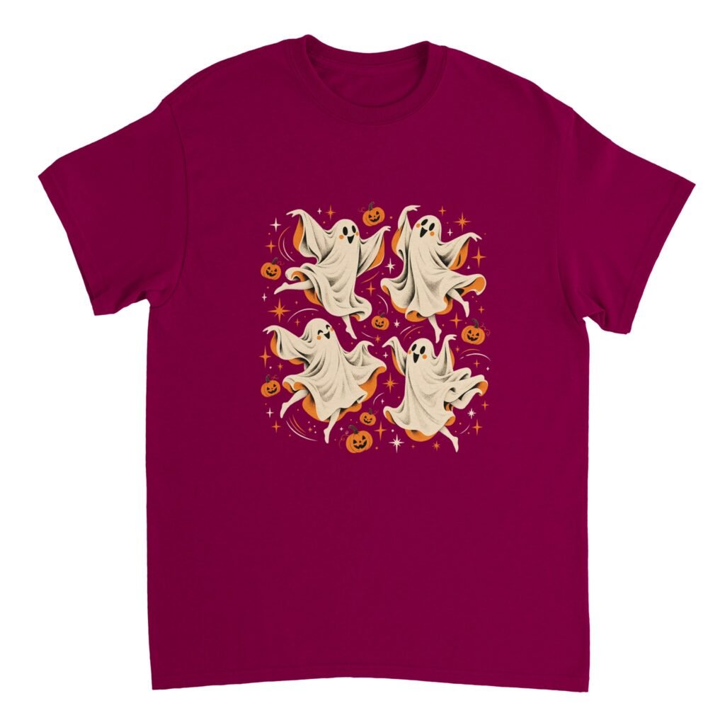 Deep berry-toned Dancing Ghosts Halloween Shirt featuring four cheerful white sheet ghosts dancing among orange jack-o'-lanterns, stars, and curling lines.