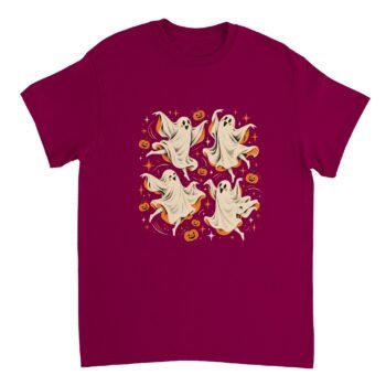 Deep berry-toned Dancing Ghosts Halloween Shirt featuring four cheerful white sheet ghosts dancing among orange jack-o'-lanterns, stars, and curling lines.