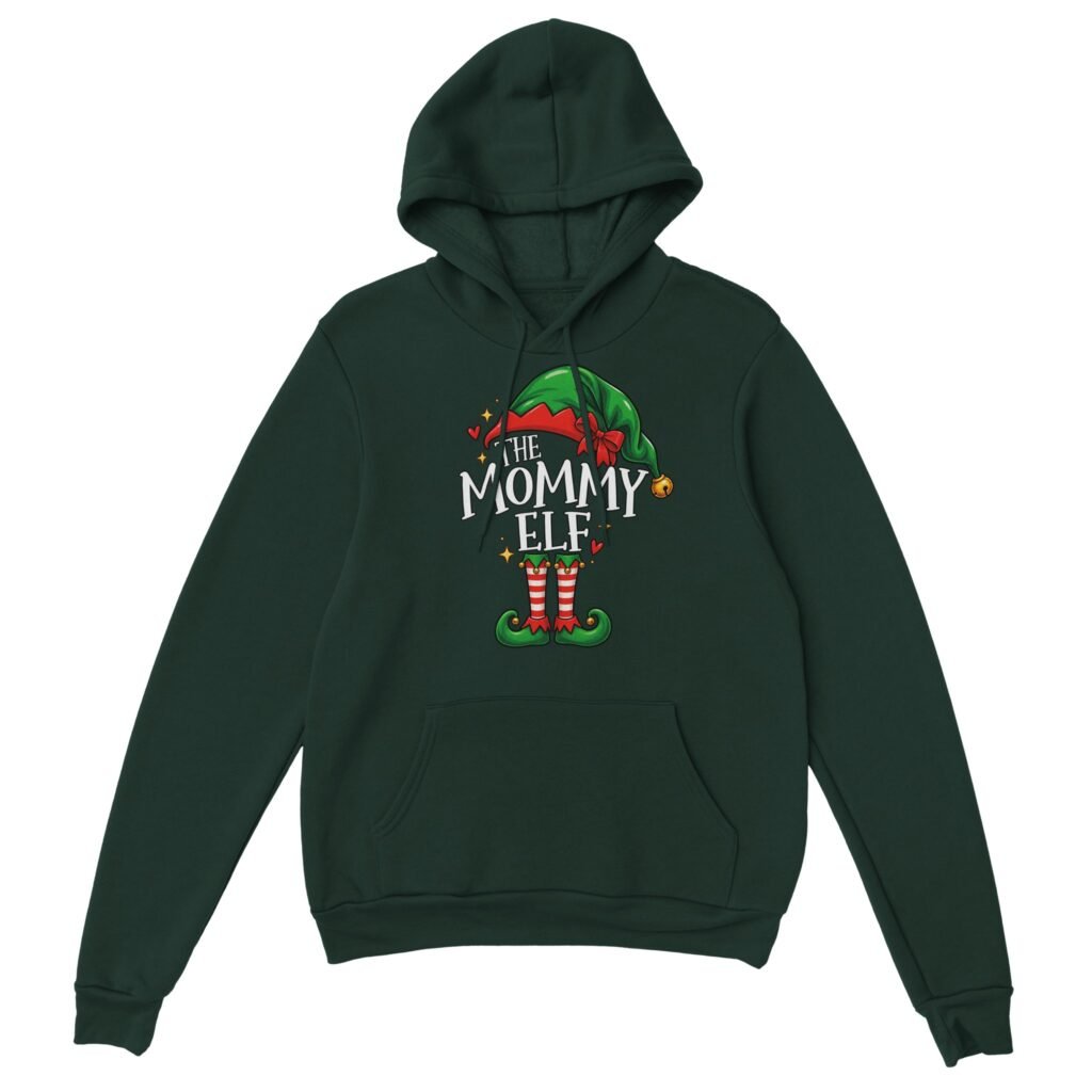 Forest green mommy elf hoodie with a green elf hat, red bow, gold jingle bell, striped stockings and white The Mommy Elf lettering