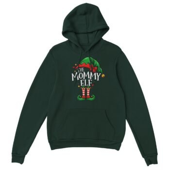 Forest green mommy elf hoodie with a green elf hat, red bow, gold jingle bell, striped stockings and white The Mommy Elf lettering