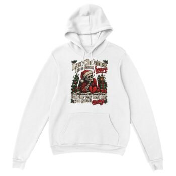 White skeleton christmas hoodie with a skeleton in a Santa hat resting its chin on its hand beside a broken red heart, with Christmas trees, gifts, a lantern and cream and red lettering