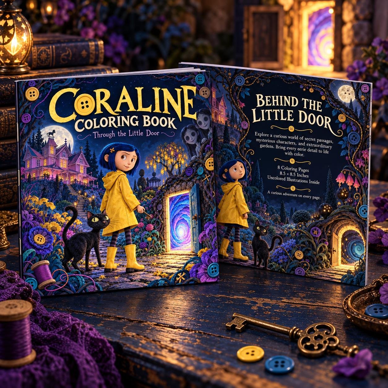 Coraline Adult Coloring Book - Saddle Stitch Edition - 40 Coloring Pages 1 Front and back cover mockup of saddle stitch coraline coloring book showing a blue-haired girl in a yellow raincoat, black cat, glowing doorway, moonlit mansion, colorful buttons, and back cover text listing 8 coloring pages.